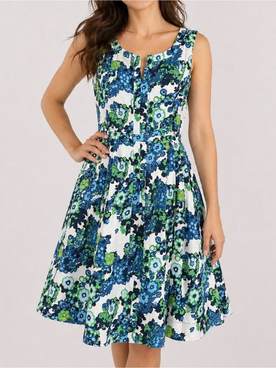 Tory Burch Dresses & Skirts - Tory Burch Size 4 Linen Floral Fit & Flare Pleated Dress Blue Green